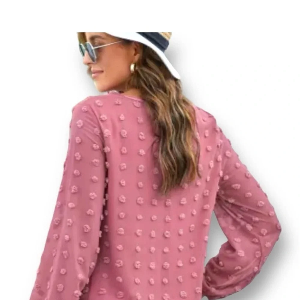 PINK SWISS DOT PUFFED LONG SLEEVE TOP - Picture 5 of 11